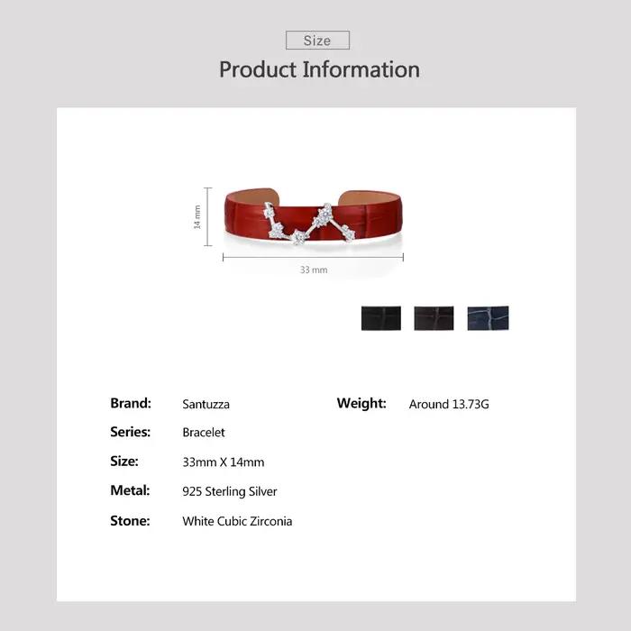 Bracelet en argent sterling 925 et cuir véritable ajustable pour femmes, bracelet constellation zirconium rouge noir bleu marron occassionnels elegance