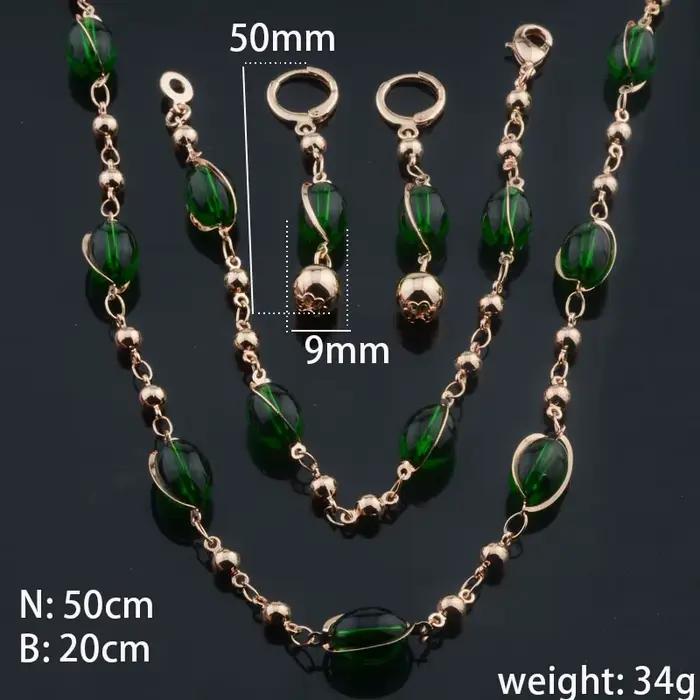 Femmes dames 585 couleur or Rose marron vert perle Bracelet collier boucles d'oreilles ensemble bijoux