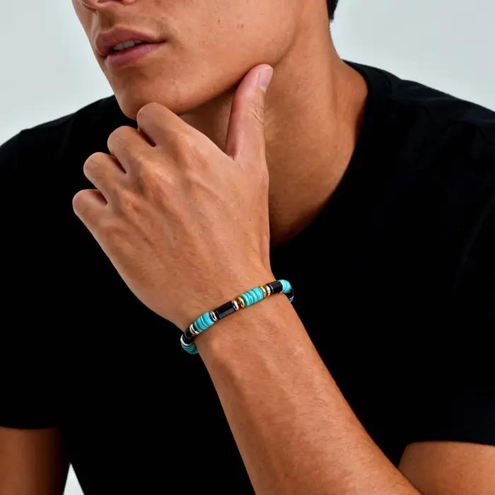 Bracelet rétro en perles de pierre bleue naturelle pour hommes