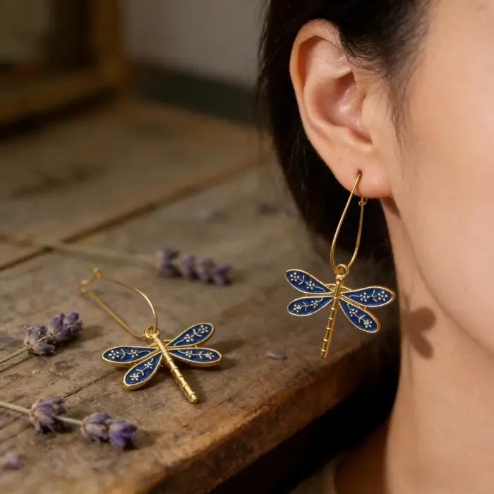 【 Favoris des clients 】 1 paire de boucles d'oreilles bleues motif libellule - Convient aux femmes e