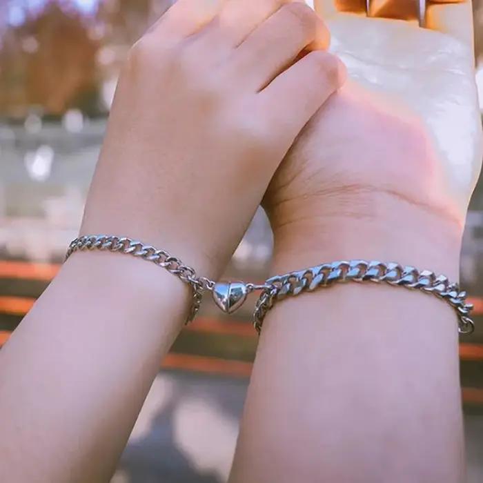 Mode argent couleur amour coeur aimant boucle Couple Bracelets pour femme