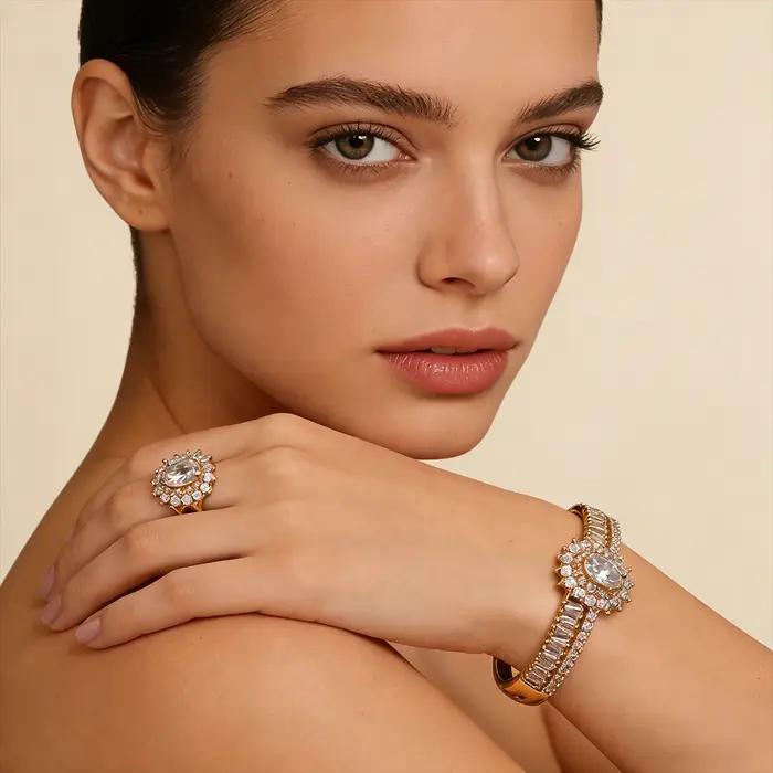 Ensemble de Bijoux Plaqués d'Or 18 Carats avec Bracelet et Bague en Cristal Tournesol Accent Baguette Occasion Spéciale Pour Femme