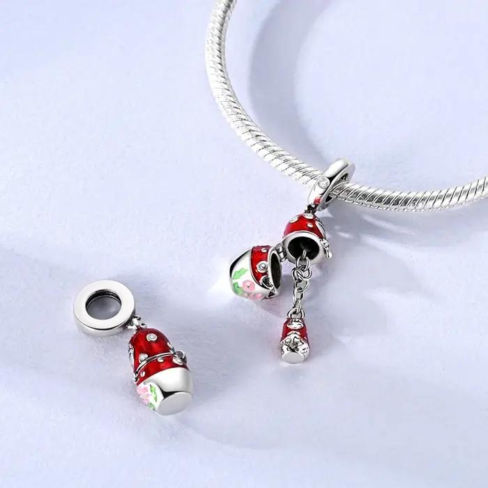 Pendentif Breloques Bijoux 925 Argent Rouge à Pois Poupée Charmes Fleurs Zirconium Blanc Occasions Spéciales Femme
