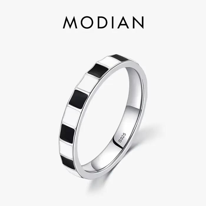 Modian 925 en argent Sterling minimaliste noir et blanc grille émail bague à la mode pour les femmes