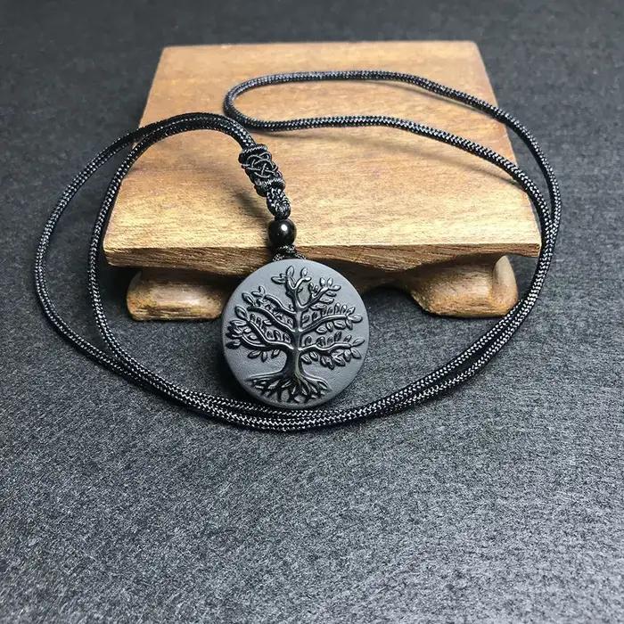 Collier arbre de vie en obsidienne véritable naturelle, pendentif en cristal de guérison, pendentif