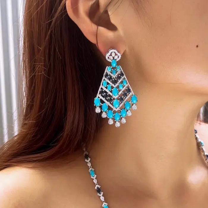 Luxe bleu Turquoise pierres grandes longues boucles d'oreilles à pampilles pour les femmes élégant Boho mariage Banquet