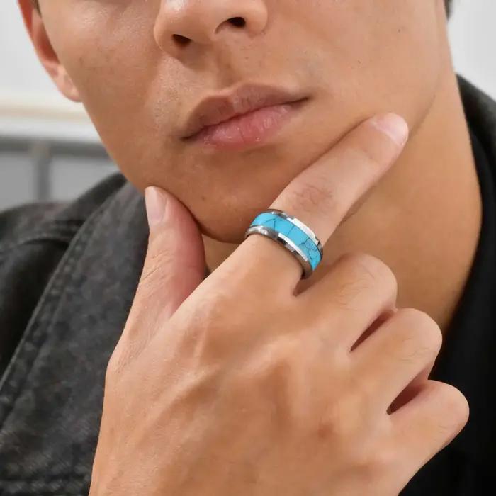 Bague en acier tungstène sertie de pierres turquoises naturelles élégante pour hommes occasions spéciales de mariage et fiançailles