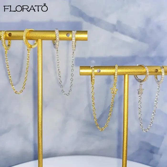 1 pièces Double cerceau boucle d'oreille avec chaîne 925 en argent Sterling oreille aiguille cristal Huggie boucles