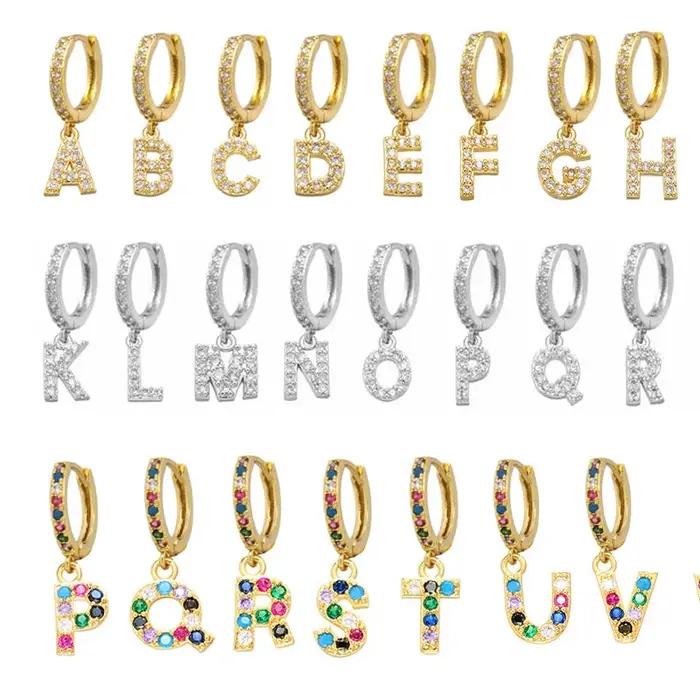 QMHJE initiales A-Z lettres Mini petites boucles d'oreilles femmes or argent couleur arc-en-ciel cristal bijoux boucle d'oreille Aretes Alphabet ABC