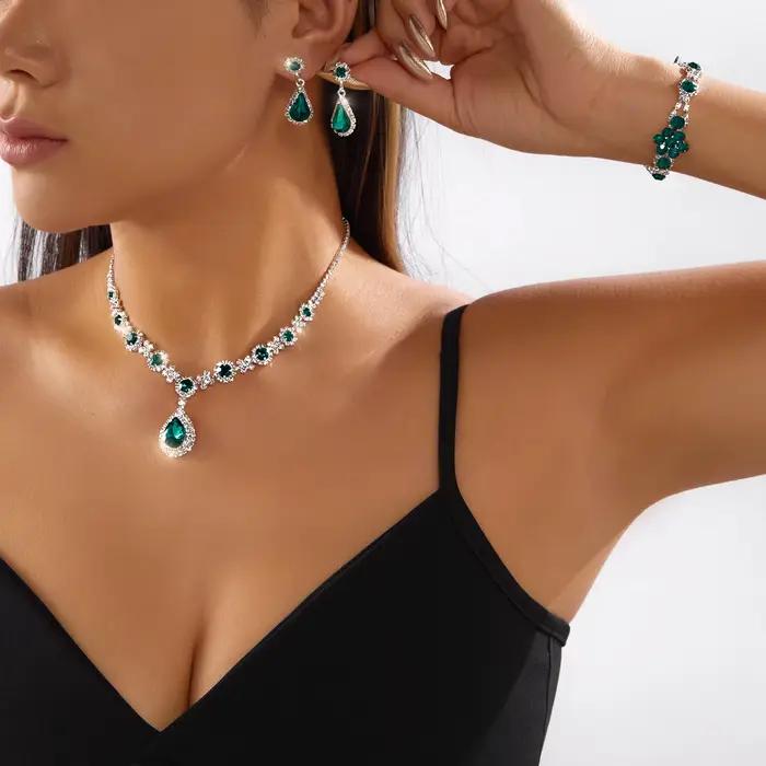 Ensemble de bijoux de luxe en cristal vert pour femmes