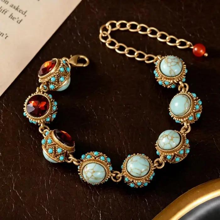 Bracelet bohème vintage pour femmes avec pierres précieuses rouges et turquoise bijou ethnique rétro occasions spéciales