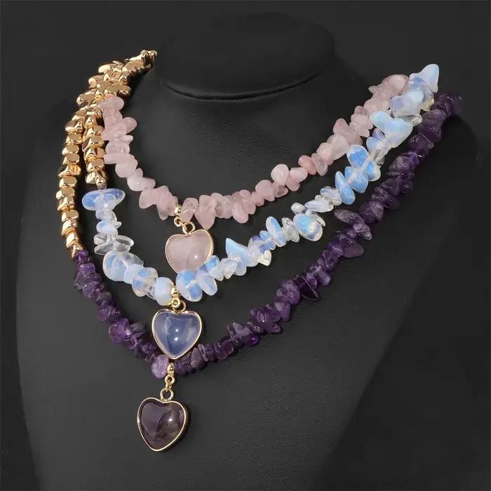 Hématite gravier pierre naturelle puces perles Neclace mode coeur forme pendentif collier bijoux pour les femmes