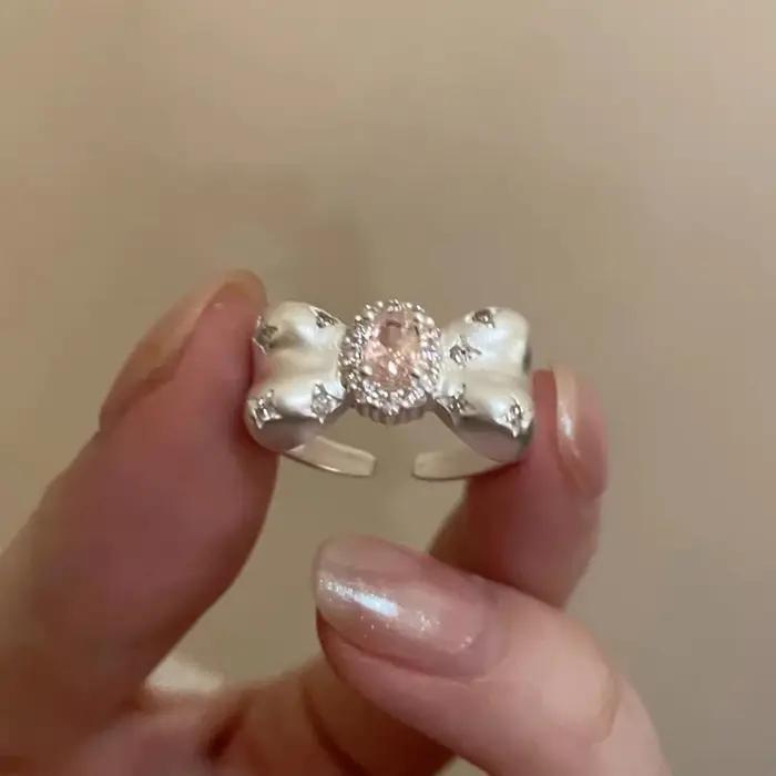 Bague nœud papillon rose zircon Y2K tendance Kpop pour femme