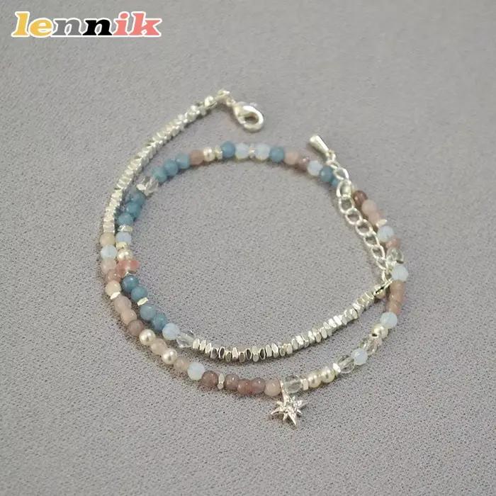 LENNIK – Bracelet en argent Sterling avec perles de pierre blanche, véritable bracelet empilé à Double couche, collier minimaliste et élégant