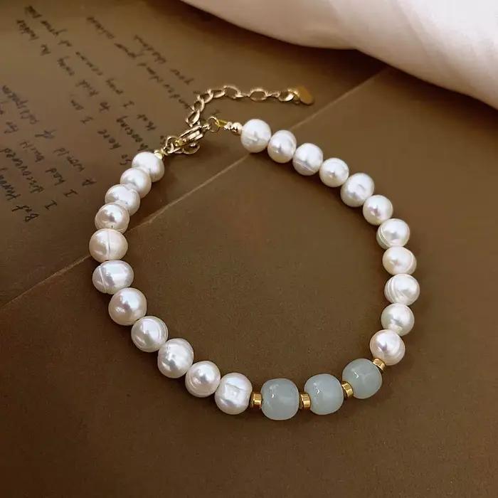 Bracelet en perles d'eau douce baroques et pierre de Jade naturelle