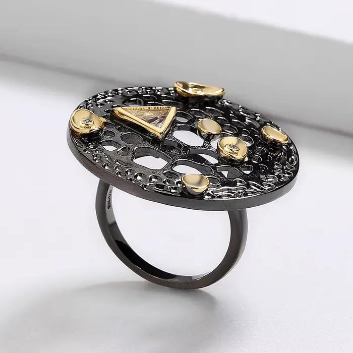Bague de personnalité exagérée or noir zirconium chromé diopside réglable pour femmes occasions spéciales soirée cocktail