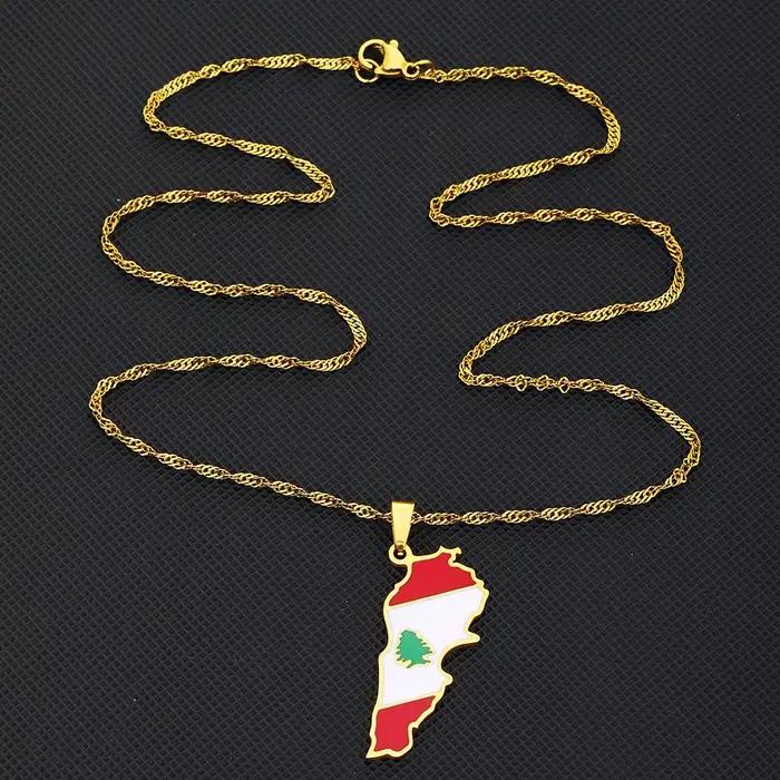 Collier pendentif carte du Liban et drapeau, en acier inoxydable, pour hommes et femmes, bijoux carte de la République libanaise, cadeau
