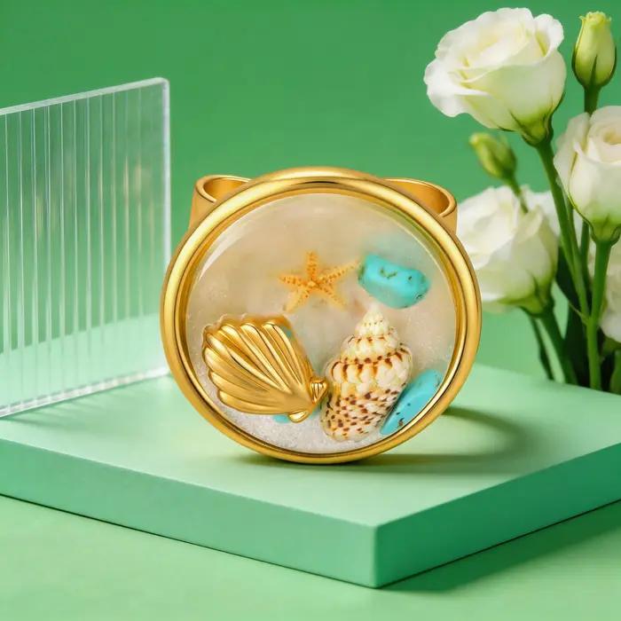 Bague en résine Océan d'été pour femme, ajustable, avec étoile de mer et coquillages, bijoux de vaca