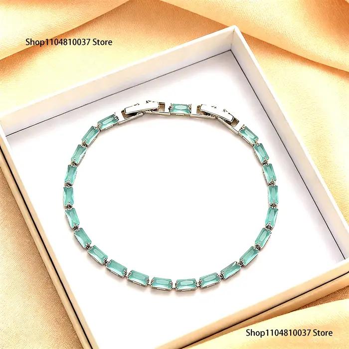 Bracelet carré bleu en argent sterling 925 de luxe avec chaîne à griffes carrées en zircone cristalline - Bijoux faits à la main