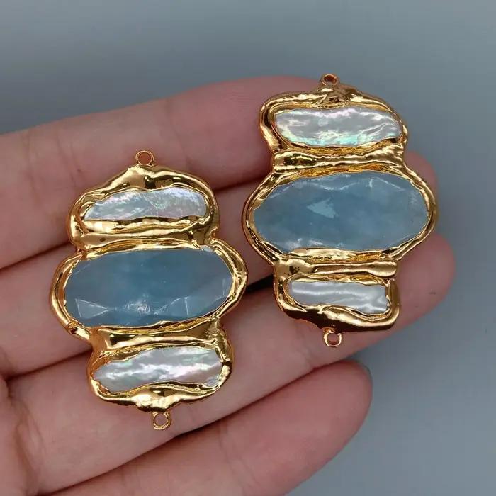 Pendentif en Jade bleu perle Biwa blanc de culture
