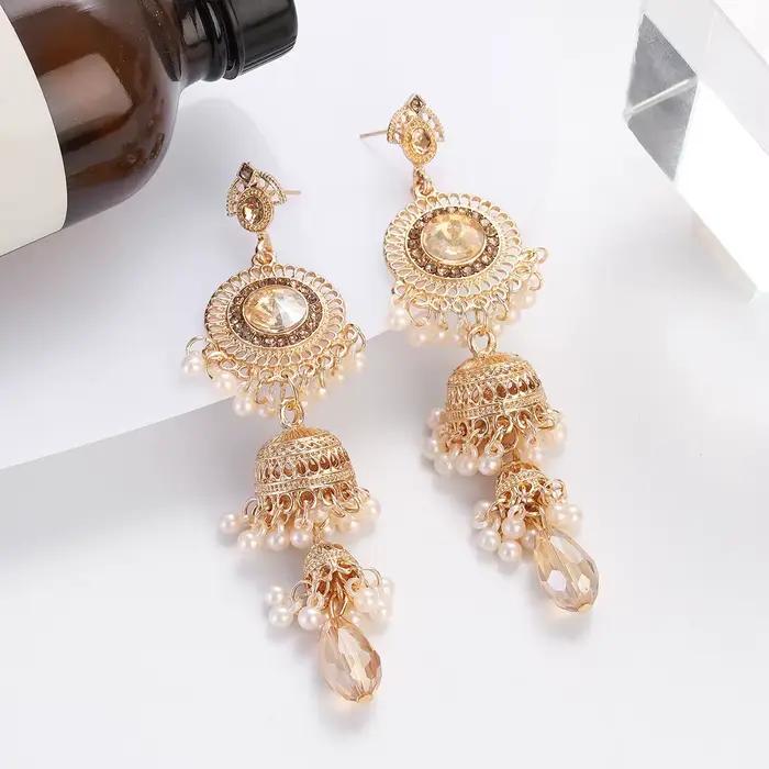 Boucles d'oreilles ethniques de luxe pour femmes, couleur or, Jhumka, Vintage, rondes, longues, pendantes, bijoux de mariage, 2023