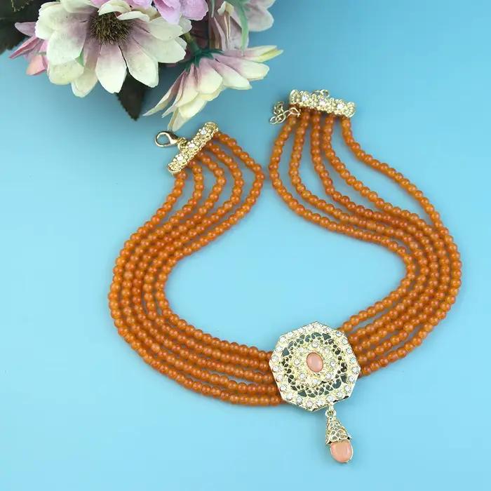 Collier ras du cou en perles marocaines pour femmes, bijoux de mariage de mariée arabe, pendentif en cristal de couleur or