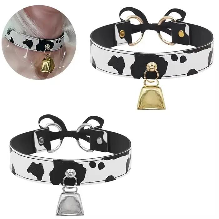 Collier ras du cou en cuir Sexy pour femmes, imprimé vache, cloche réglable