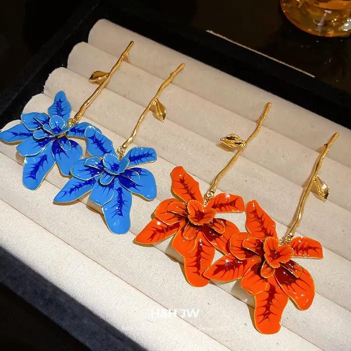 Boucles d'oreilles pendantes en forme de fleur, design rétro élégant et luxueux, accessoires pour les oreilles