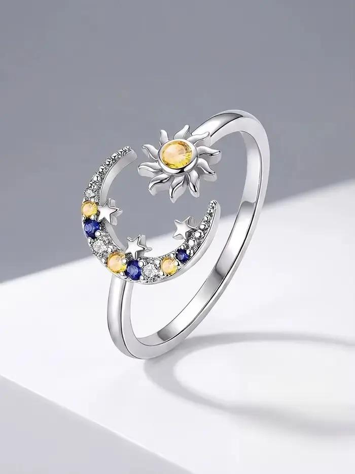 Bague réglable en argent sterling 925 sertie de zirconium blanc motif lune et soleil pour femmes occasions spéciales alliance de mariage finitions sophistiquées