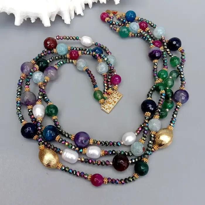 Y · YING – collier en Agate multicolore pour femmes, 4 brins de perles de culture blanches, ras du cou, bijoux de fête