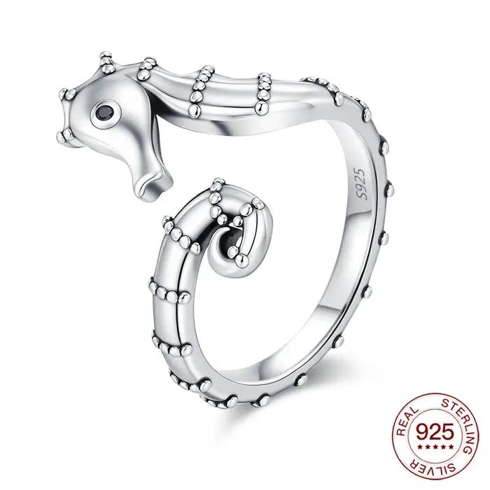 Bague ouverte en argent sterling 925, motif hippocampe, réglable, hypoallergénique, bijou animal mar