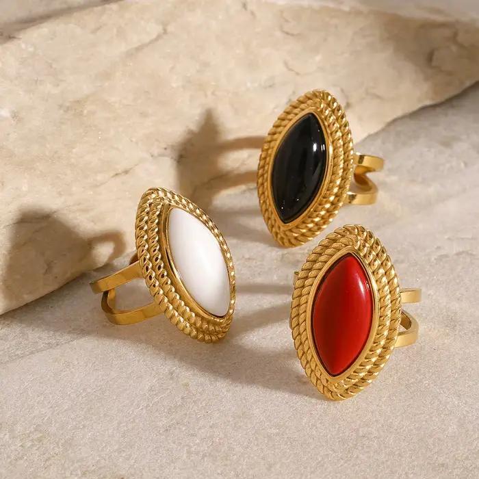 Bague Agate Ovale Plaquée Or 18 Carats Pour Femmes Anneau Ouvert Vintage Occasions Spéciales
