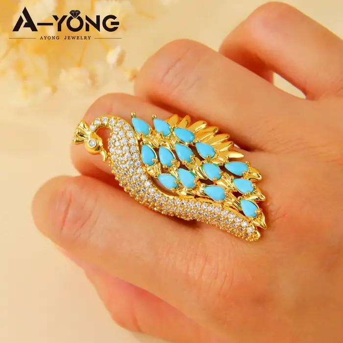 Bague Cygne Turquoise Mode Dubaï Plaqué Or 21 carats