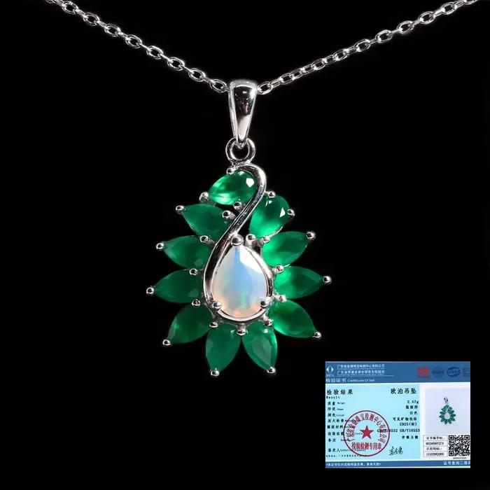 Collier pendentif en agate verte naturelle de luxe 2026 avec opale, bijoux fins en argent 925 pour f