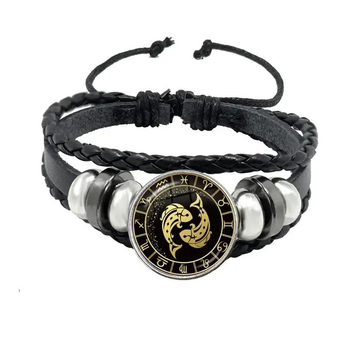 Bracelet 12 Constellation scorpion sagittaire capricorne verseau, corde noire, bouton en cuir, bijou