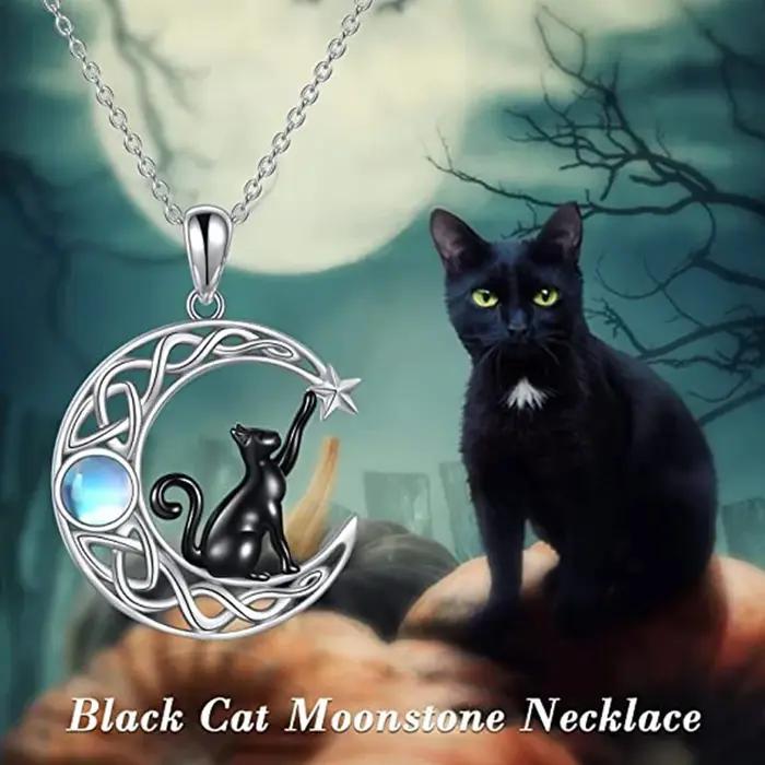 Collier pendentif lune chat noir vintage mignon pour femmes et adolescentes