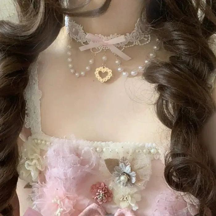 Collier en dentelle perlée Sweet Lolita Y2K avec ruban pour femme