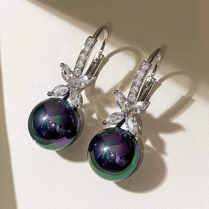 Boucles d'oreilles de luxe en perles noires/violetes pour femmes, en argent Sterling 925 massif, Cub