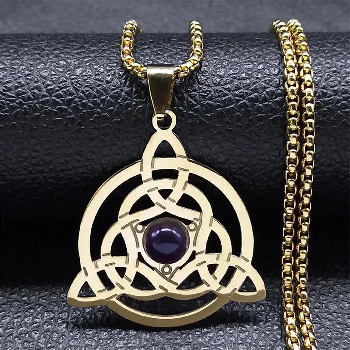 Collier Triquetra celtique trinité noeud pour femmes hommes couleur argent acier inoxydable pierre sorcière colliers