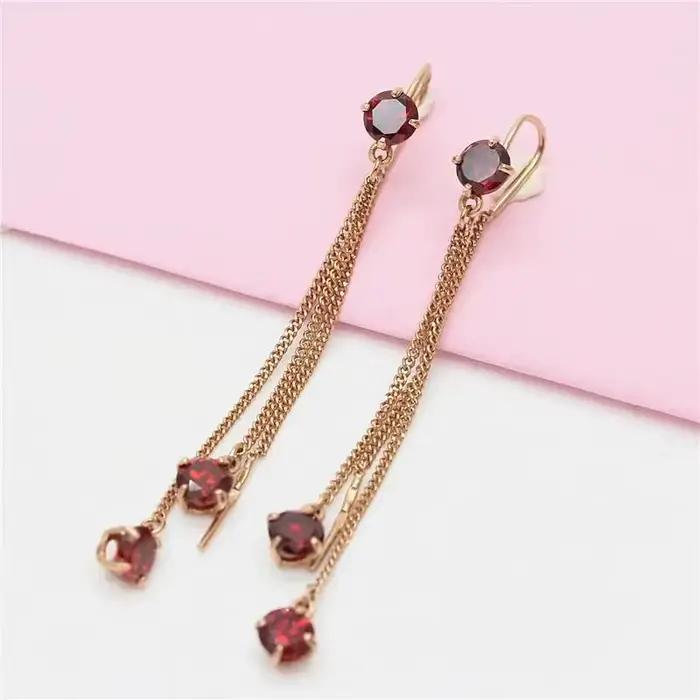 Boucles d'oreilles pompon gemme rouge incrusté d'or rose 14 carats pour femme, bijoux longs plaqués or violet, boucles d'oreilles de luxe légères, 585