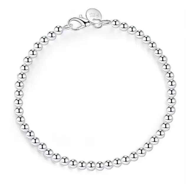 Bracelet en argent regardé 100% véritable pour adolescentes, 925 argent massif, perles de 4mm, 20cm,