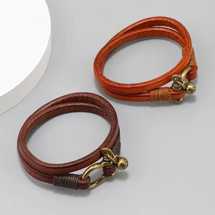 Nouveautés rétro deux boucles Bracelet en cuir hommes Punk fer à cheval boucle Bracelets d'enveloppement bijoux créatifs cadeau
