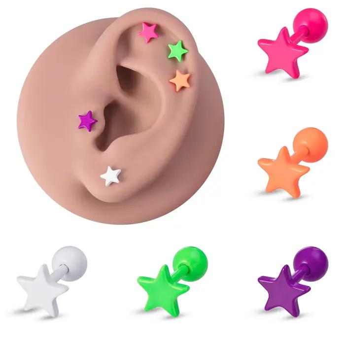 Boucles d'Oreilles en Forme d'Étoile Colorée pour Femme, Piercing en Acier Inoxydable, Barbell, Tragus, Cartilage, Helix, Conque, Bijoux, 1/5 Pièces
