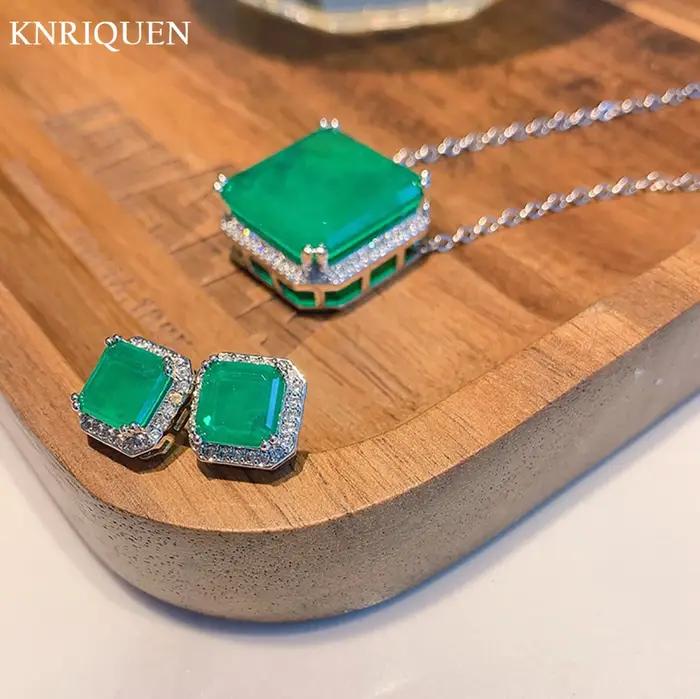 Collier pendentif en pierre précieuse émeraude carrée pour femme, boucles d'oreilles à tige vintage, ensembles de bijoux de mariage, cadeau féminin, breloques, vente en gros