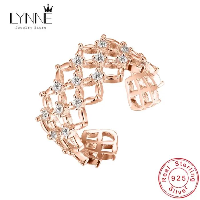 Mode créative maille caractéristiques 925 en argent Sterling redimensionnable anneaux femmes bijoux losange Net strass or Rose bague