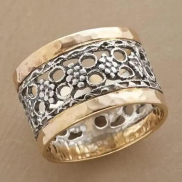 Bague de cocktail en métal bicolore géométrique pour femme, bijou de fête et cadeau d'anniversaire élégant pour usage quotidien