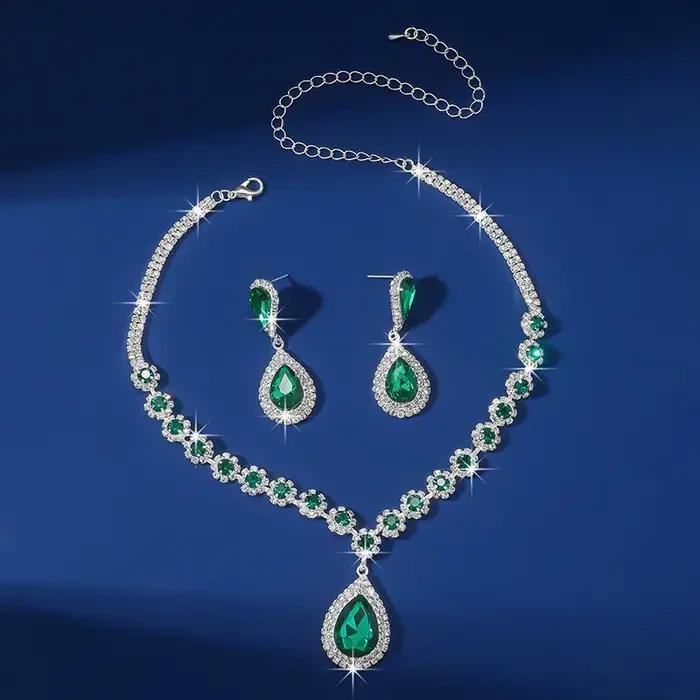 FYUAN luxe rouge vert bleu cristal collier boucles d'oreilles pour les femmes goutte d'eau pendentif mariage mariée ensembles de bijoux