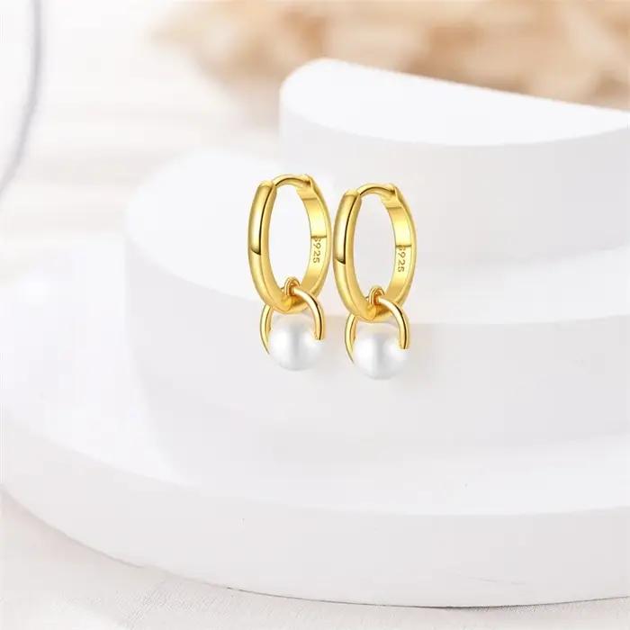 100% 925 argent Sterling perle géométrie dorée boucles d'oreilles pour les femmes mode fête d'anniversaire bijoux de