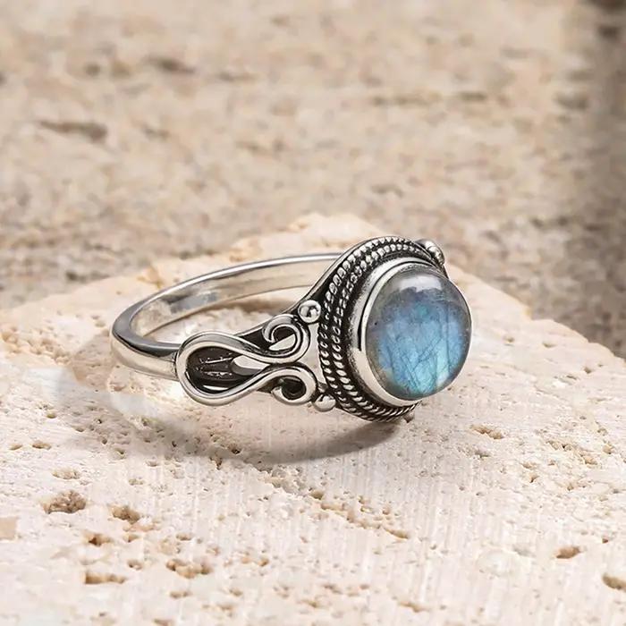 Bague Vintage en argent Sterling 925 avec pierre de Labradorite naturelle