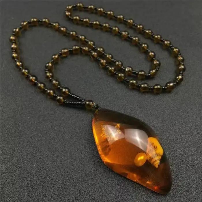 Collier de perles de cire d'abeille et d'ambre style bohème national pour femme, élégant, avec fossi